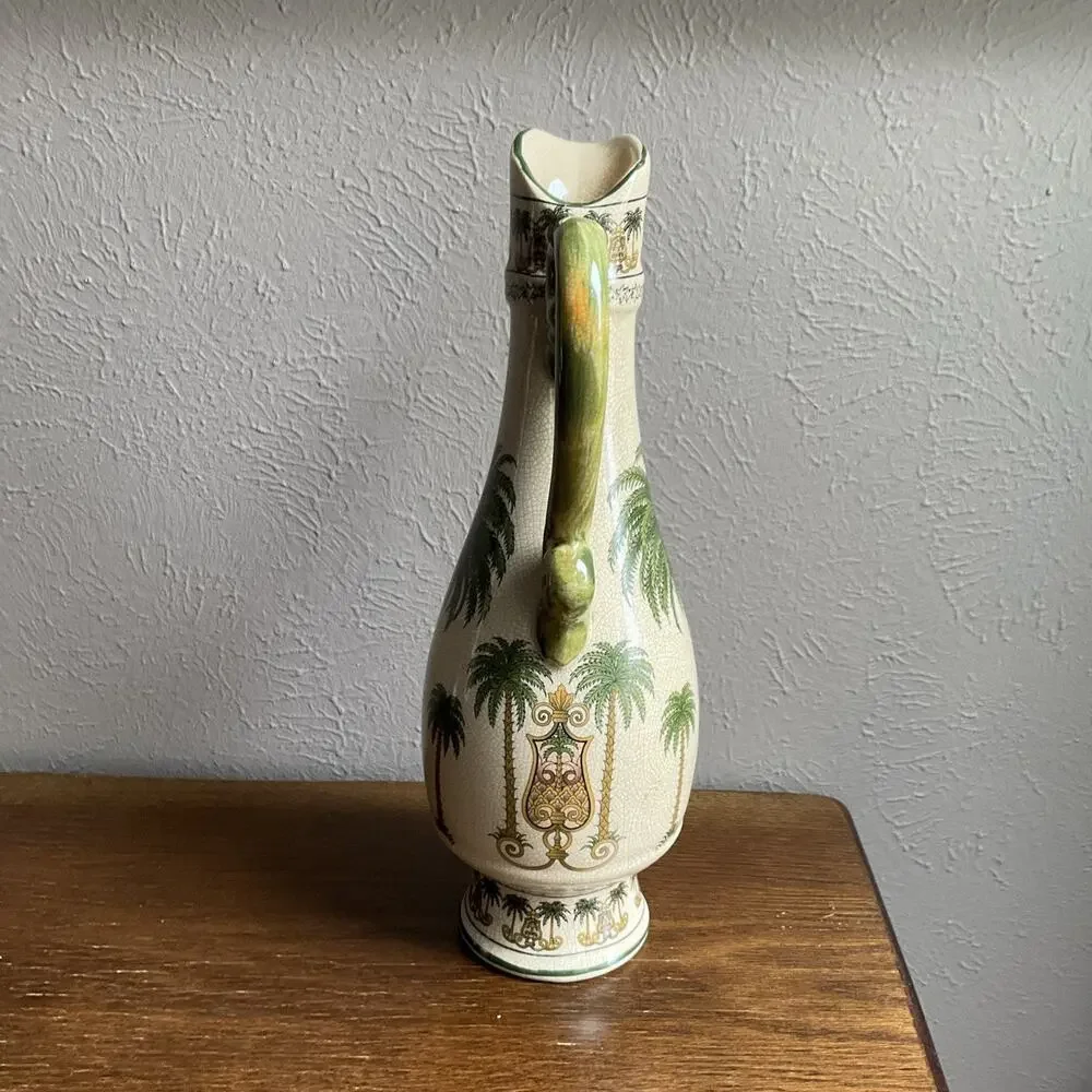 Vintage 2001 Ceramic crackle glaze Vase with Palm Trees 14- 1/2